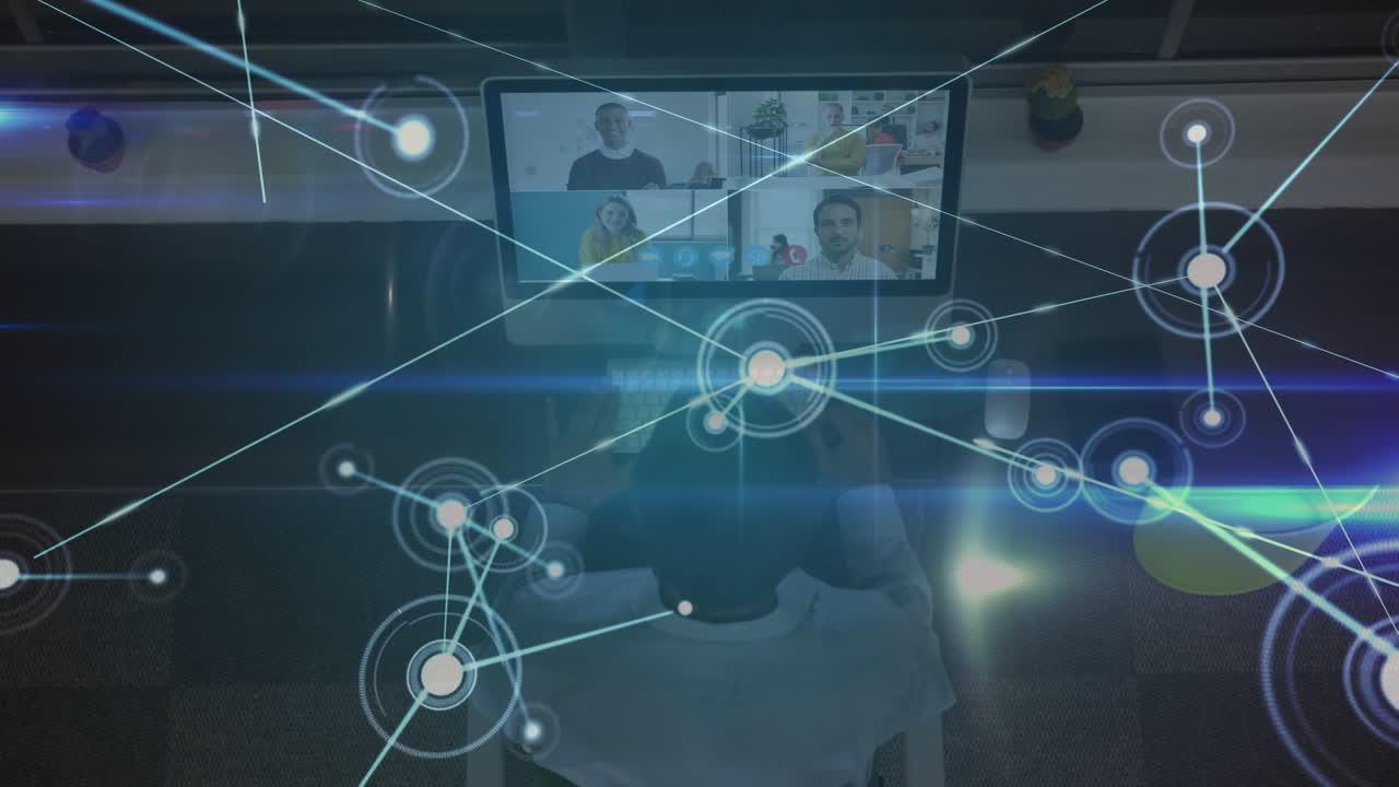 Animation of network of connections over men using computer