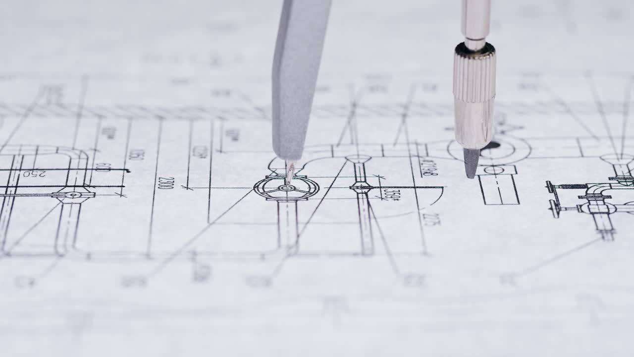 Compass on a technical drawing blueprint