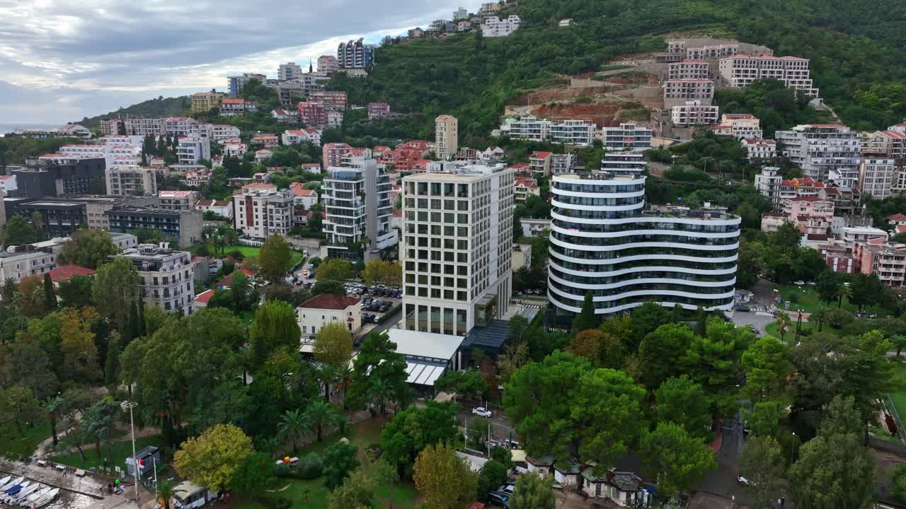 Apartments and Hotel Buildings at Budva City Coast - Aerial Drone View