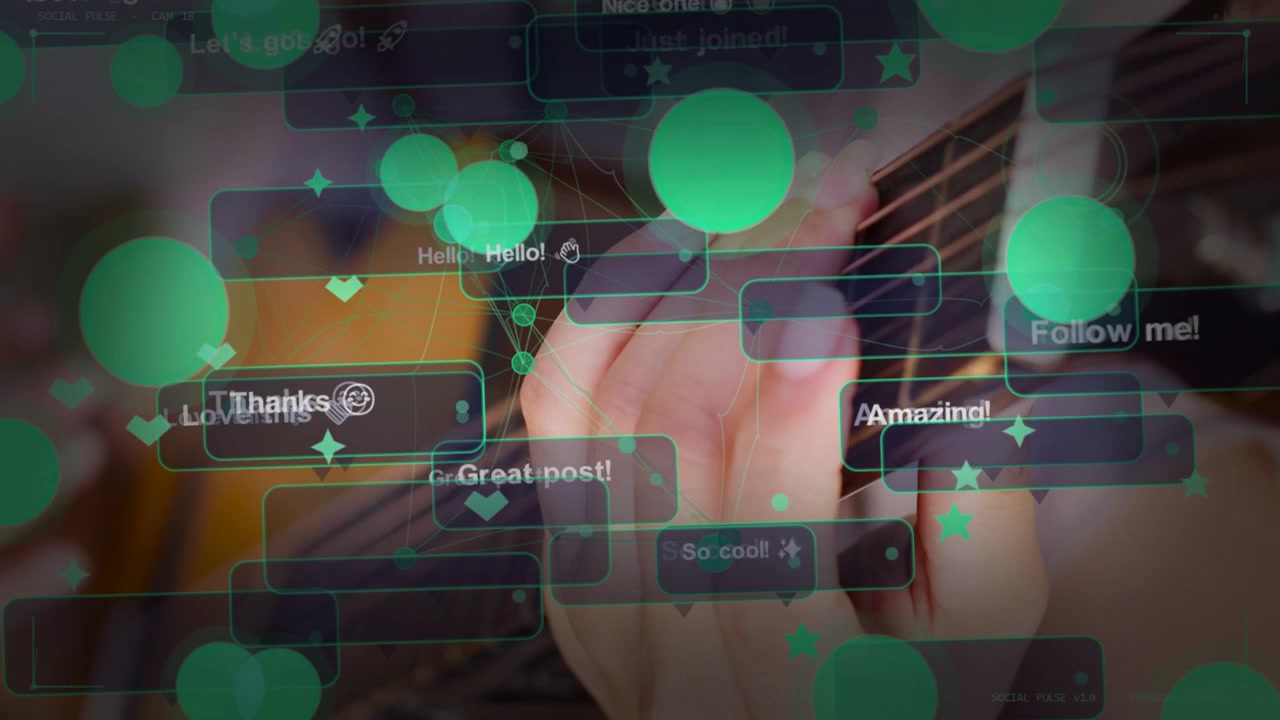 Woman playing guitar as chat bubbles and green particles animating for music livestream engagement