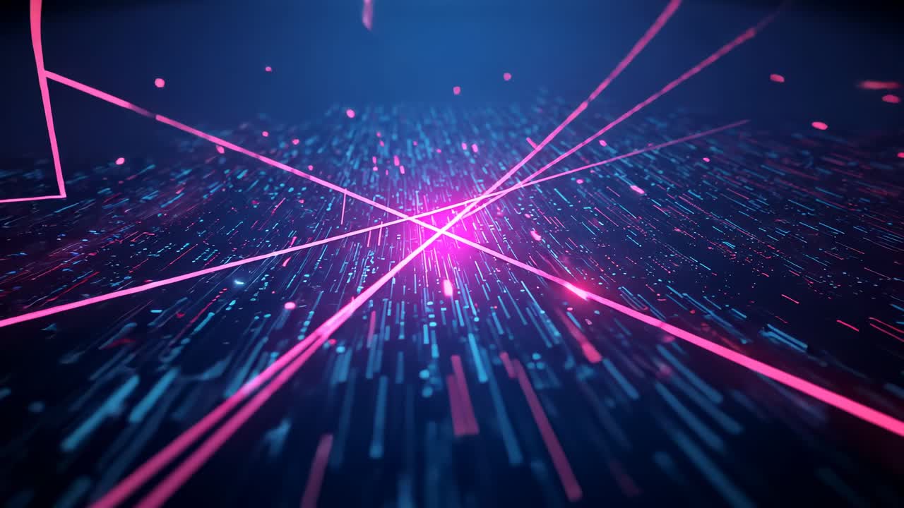 Pulsing neon pink glow sending beams across blue digital grid, showing filaments and blue streaks