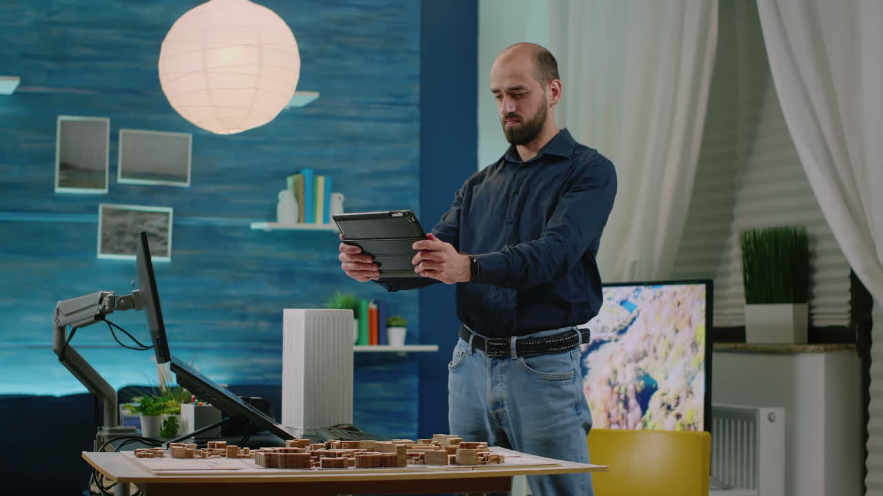 Man architect holding tablet with building model