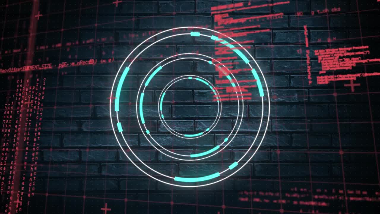 animación digital del escáner redondo de neón contra el procesamiento de datos en la pared de ladrillo