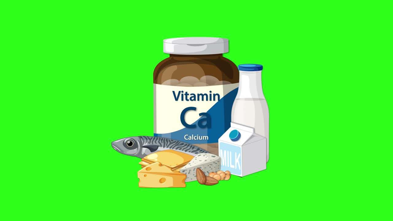Calcium supplement bottle with milk, cheese, fish, and nuts animates onto bright green background
