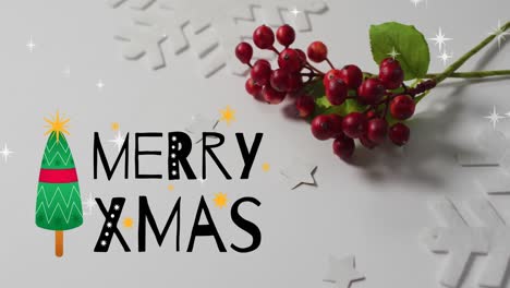 Animation-of-merry-xmas-greetings-text-over-red-berries-and-christmas-decorations