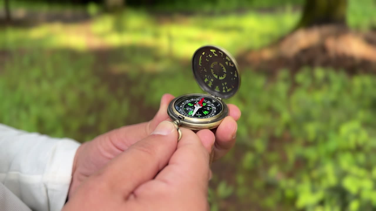 Hands holding an antique compass, seeking direction amidst Romanian nature