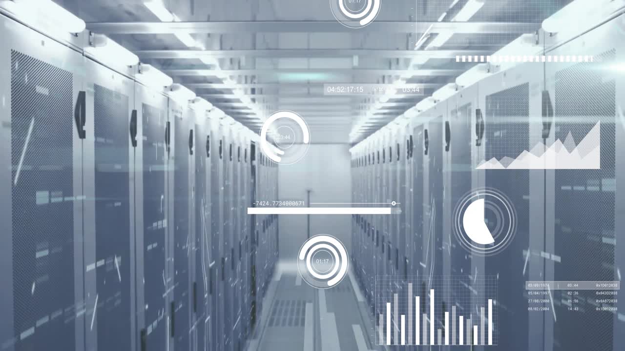 Camera holding over server racks starting HUD icons and bar graphs appearing showing live metrics