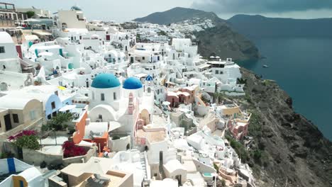 aerial drone over oia santorini greece