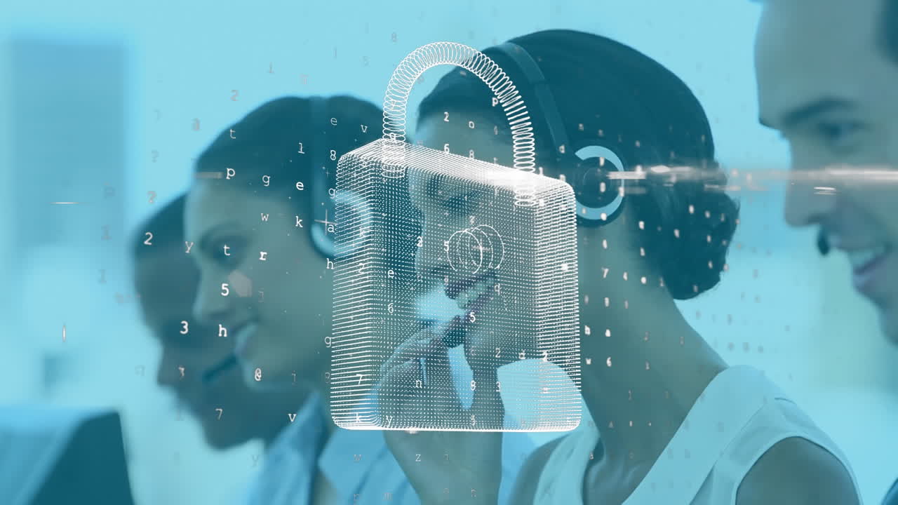 Digital animation showcases diverse call center team working securely with tech.