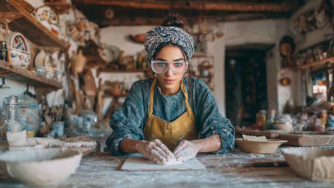 Un artista concentrato crea ceramiche fatte a mano in un accogliente laboratorio circondato da manufatti, enfatizzando la tradizione e l'abilità in un ambiente naturale e rustico