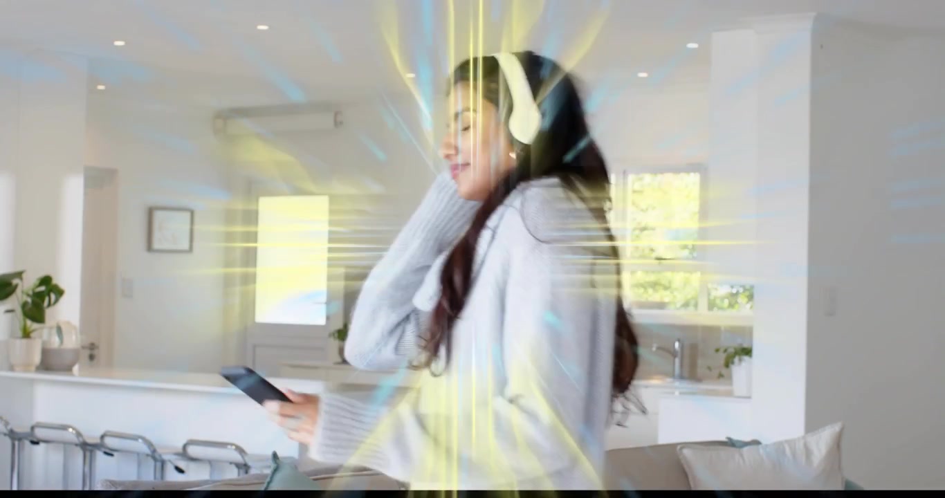 Mid adult woman tapping smartphone, adjusting headphones as technology circuits pulsing for dancing