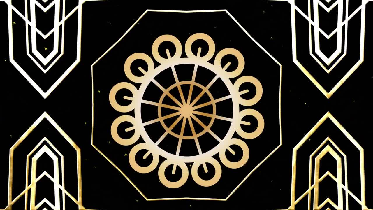 animación de formas caleidoscópicas doradas y diseño de círculos que se mueven en negro con nieve cayendo