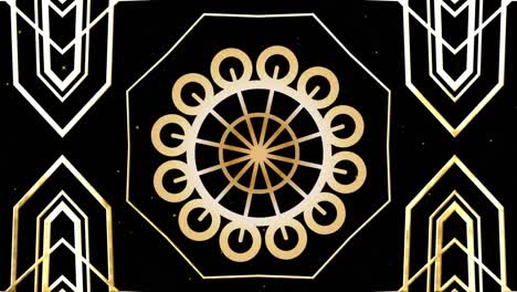 animation of gold kaleidoscopic shapes and circle design moving on black with falling snow