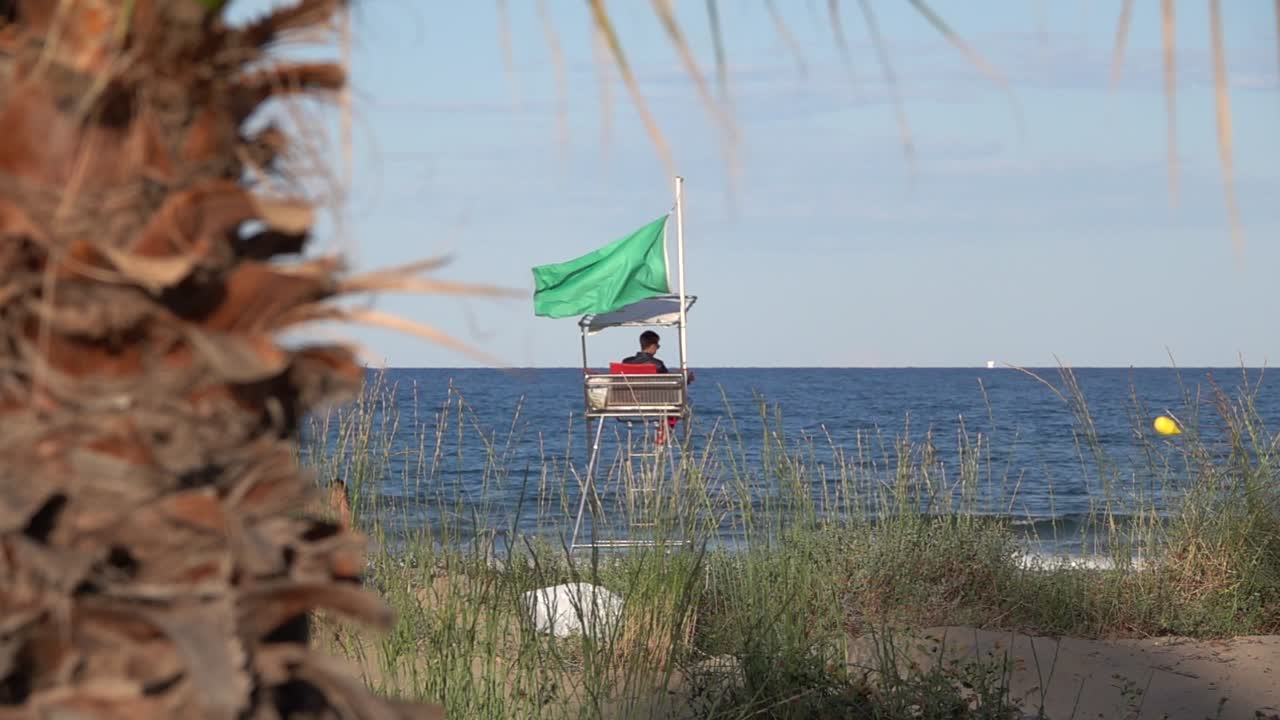 socorrista de guardia en la torre en la playa con bandera verde