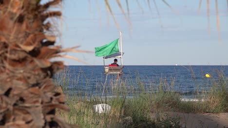 lifeguard on watch over tower on beach with green flag