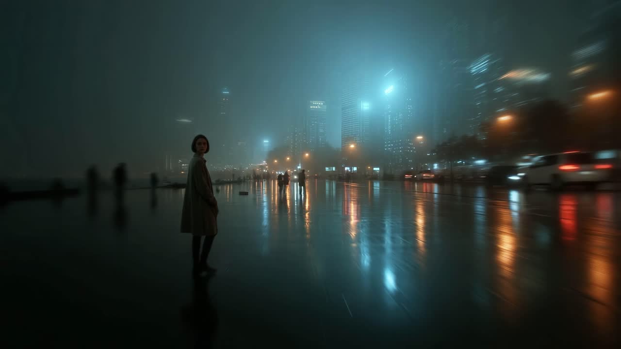 Rainy Night Cityscape with People