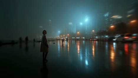 rainy night cityscape with people