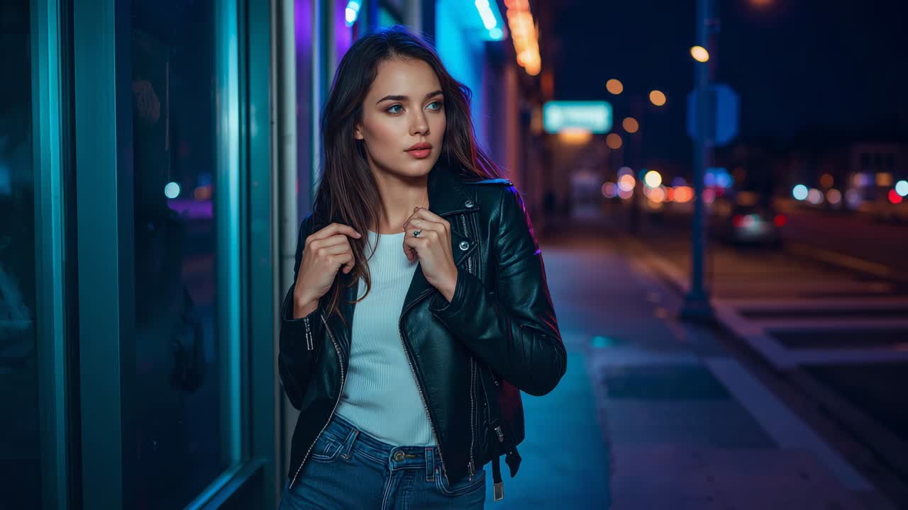Donna appoggiata che tiene una giacca di pelle mentre posa, camera che stringe su una vetrina con bokeh al neon