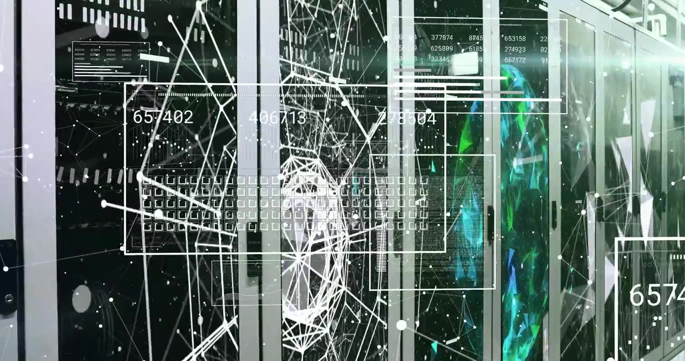 On data arrival, server cabinets forming expanding wireframe and popping UI panels visualizing load