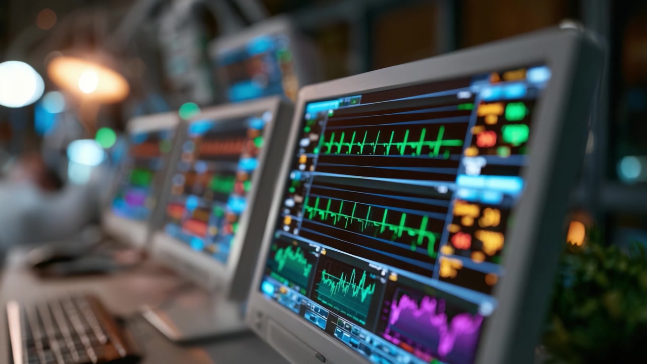 Advanced Medical Monitoring Systems Displaying Vital Signs and Heart Rate Graphs on Multiple Screens in a High-Tech Healthcare Environment