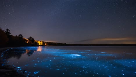 a serene night sky over a glimmering lake, illuminated by bioluminescent waves and stars, capturing the essence of natural beauty and tranquility in the wilderness