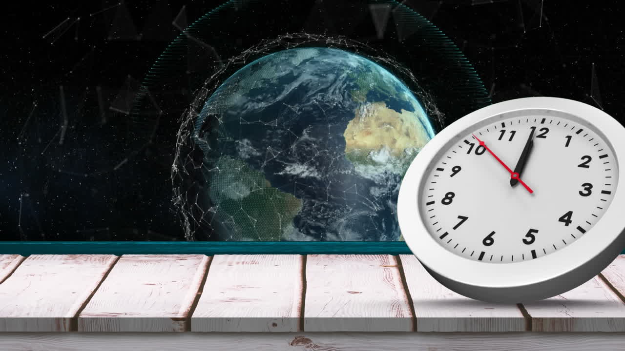 파란색 배경에 연결 네트워크와 함께 시계의 타이킹과 지구의 회전의 애니메이션