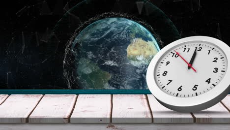 animación del tic-tac del reloj y la rotación del globo con una red de conexiones sobre fondo azul
