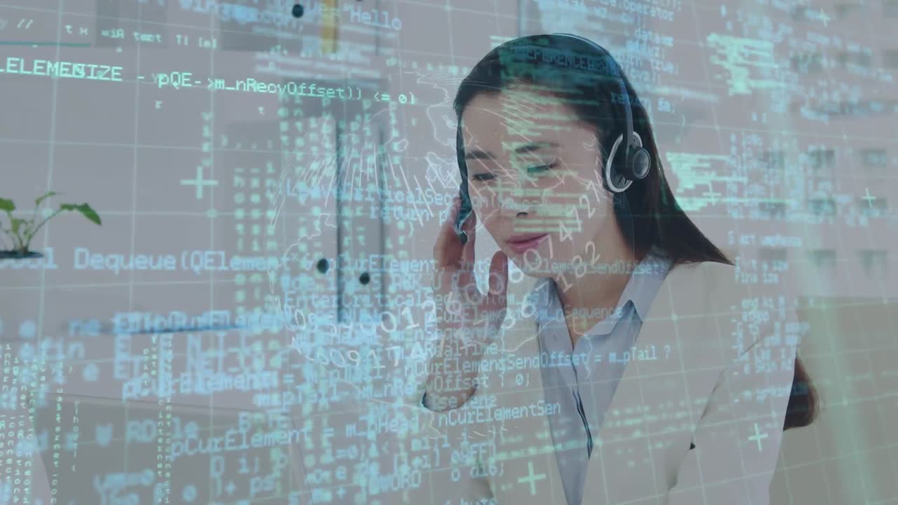 전화 헤드을 사용하는 아시아 사업가 여성에 대한 데이터 처리 애니메이션
