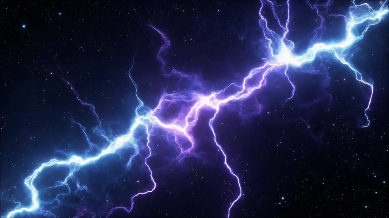 Rayo eléctrico púrpura que atraviesa un fondo de espacio profundo