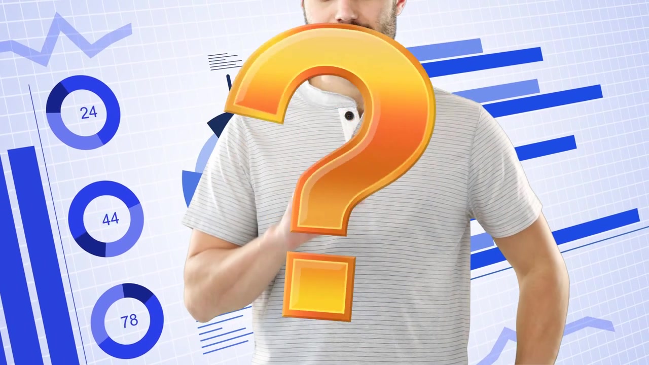 Host raising hands and manipulating charts while 3D question mark growing explaining business data