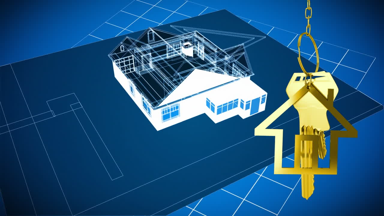 뒷면에 3d 집 그림 위에 매달린 집 키와 키