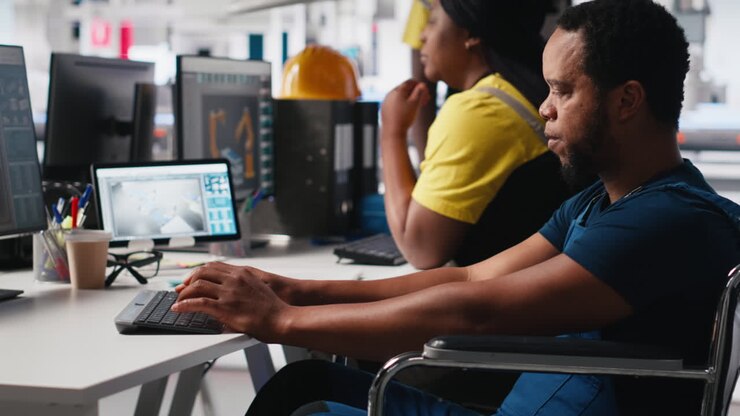 Black factory employee with chronic disability designs solar panels on pc