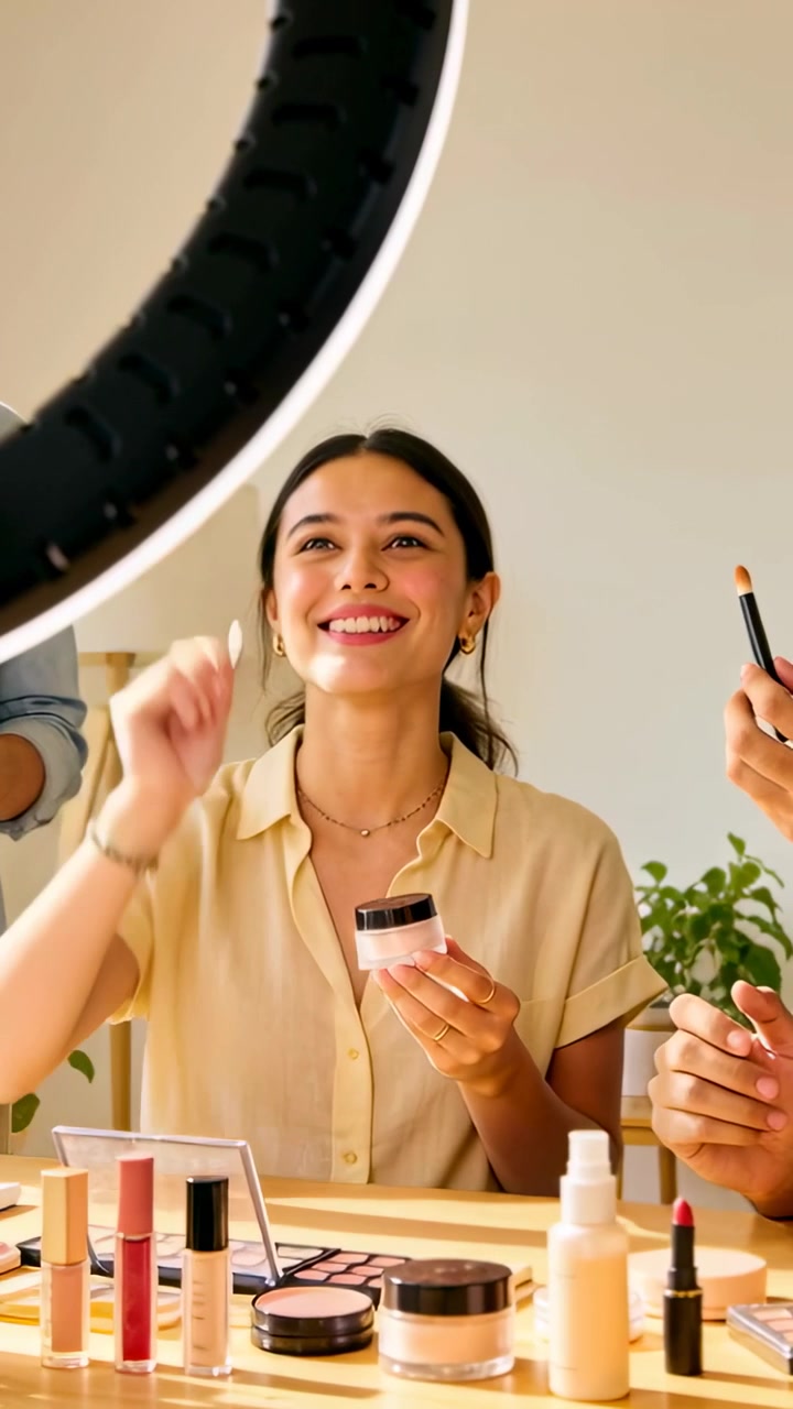 Vertical video: Holding jar, woman in top studio under ring light hand offering brush, testing
