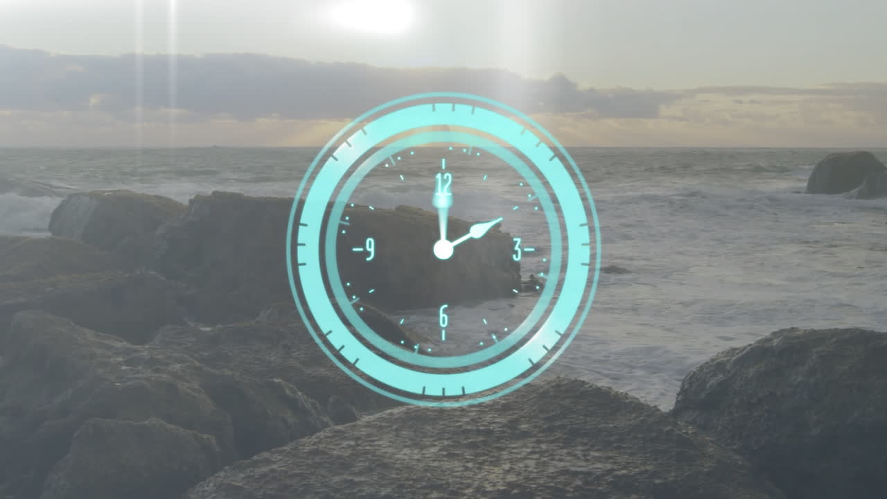 Clock animation overlay on rocky ocean shoreline during sunset scene