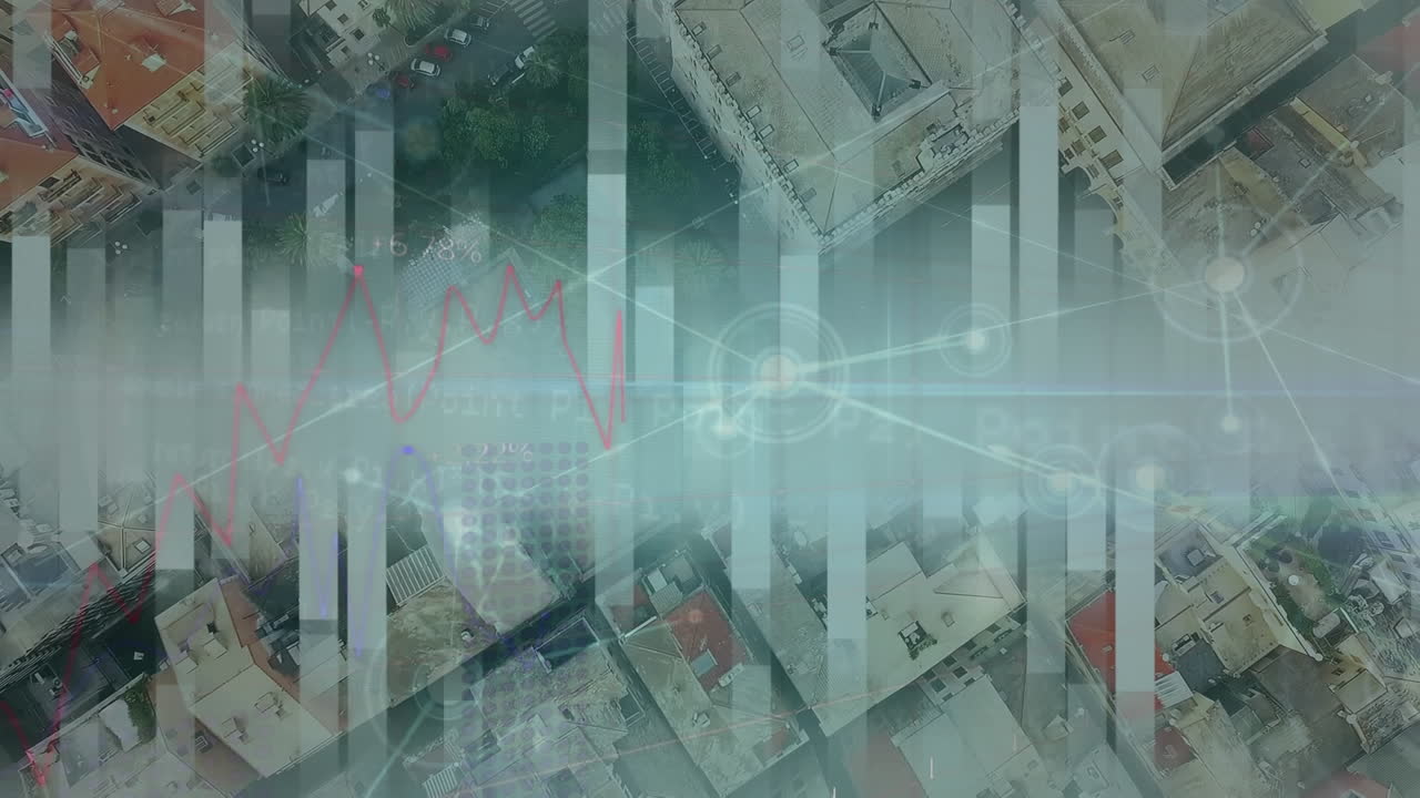 animación de la red de conexiones y procesamiento de datos estadísticos sobre una vista aérea del paisaje urbano