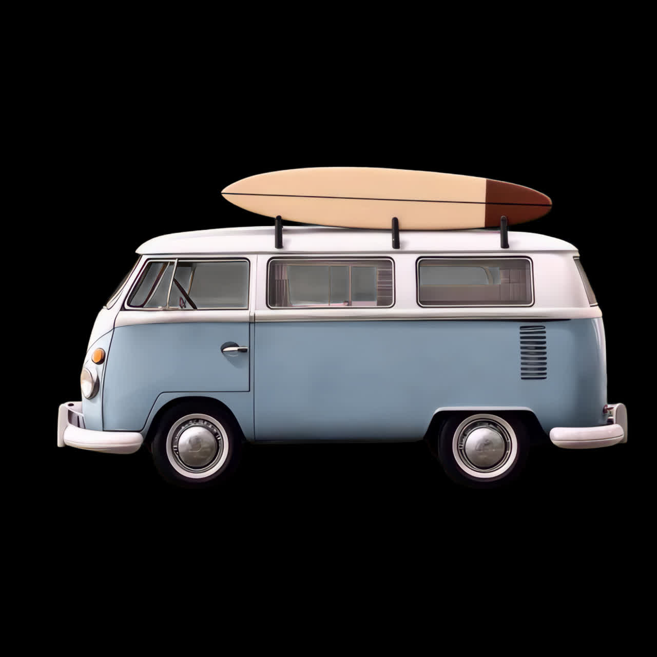 Vintage van with surfboard animation isolated asset, transparent 4K video, alpha channel, ProRes