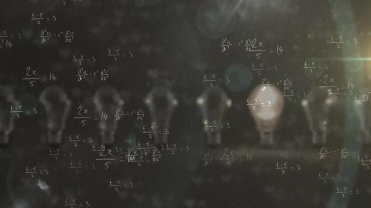 Animazione di lampadine con formule scientifiche ed elaborazione dati