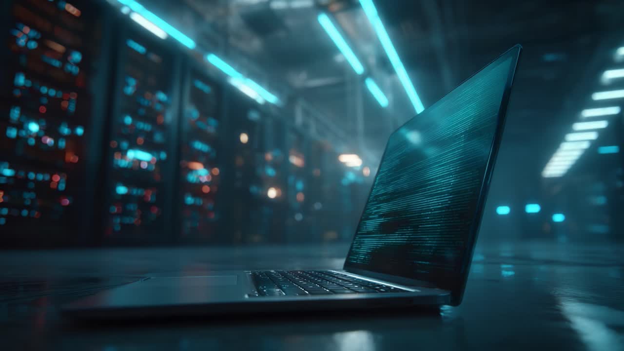 A sleek laptop sits quietly amidst a futuristic server room, illuminated by vibrant blue lights, showcasing advanced technology and data processing in a high-tech environment