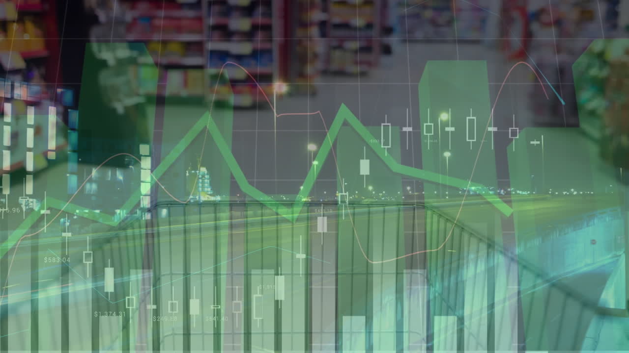 슈퍼마켓에서 움직이는 차량과 빈 쇼핑 카트의 그래프와 타임 스 애니메이션