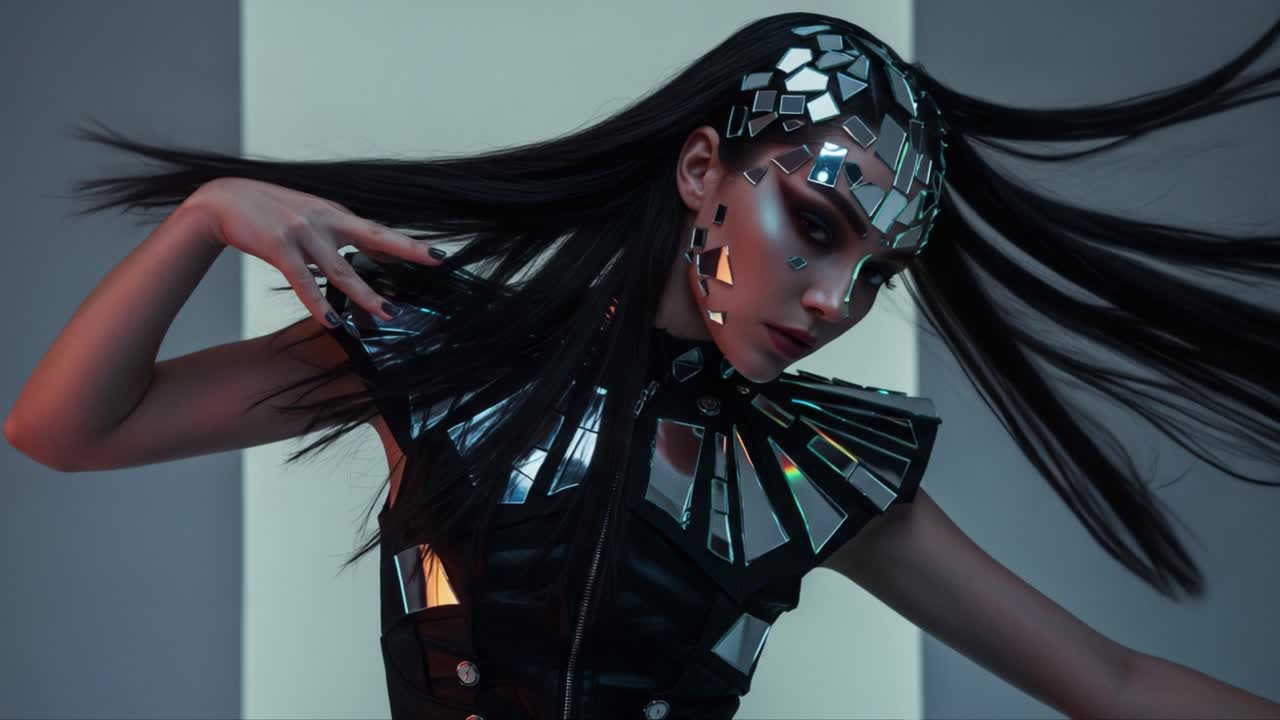 A Dazzling Performance of Reflections: A Model Dressed in a Futuristic Fashion with Mirror Facets and Flamboyant Hair Interacting with Light in a Studio Setting