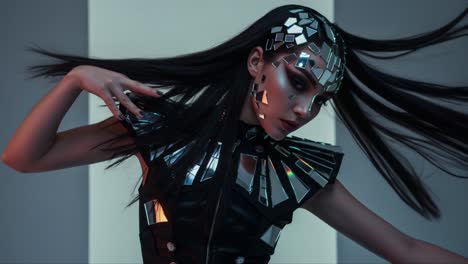a dazzling performance of reflections: a model dressed in a futuristic fashion with mirror facets and flamboyant hair interacting with light in a studio setting