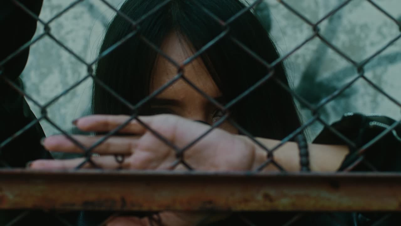 Young Woman Behind a Chain-Link Fence
