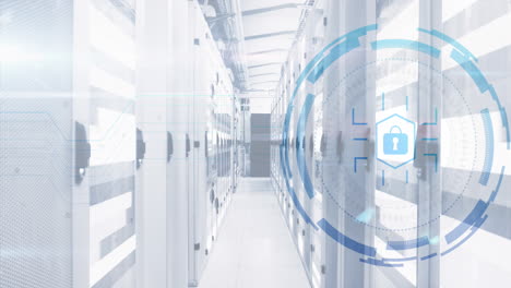 animation of padlock icon in circle over data server systems in room