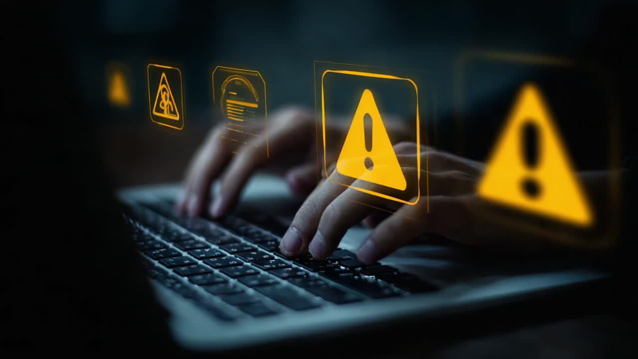 Nærbillede af en person, der skriver på et laptop-tastatur omgivet af forskellige advarselsikoner, der repræsenterer cybersikkerhedsalarmer og trusler