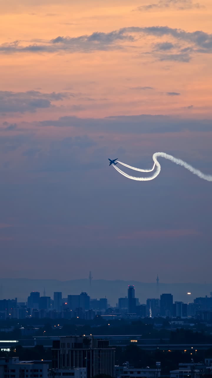 Airplane creating a heart-shaped contrail over a city at sunset