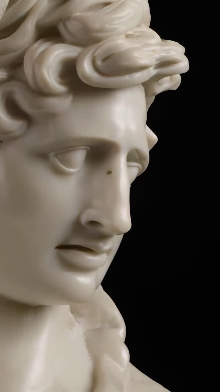 Primo piano di profilo laterale di una statua di marmo, che cattura dettagli intricati, ideale per l'uso video