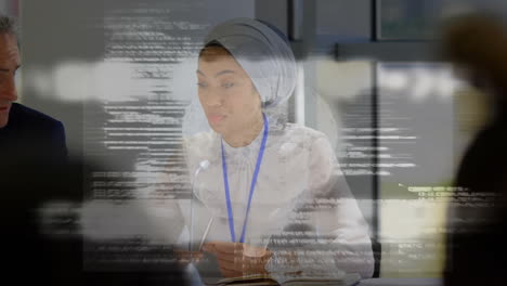 speaking at conference, businesswoman with digital code animation overlaying scene