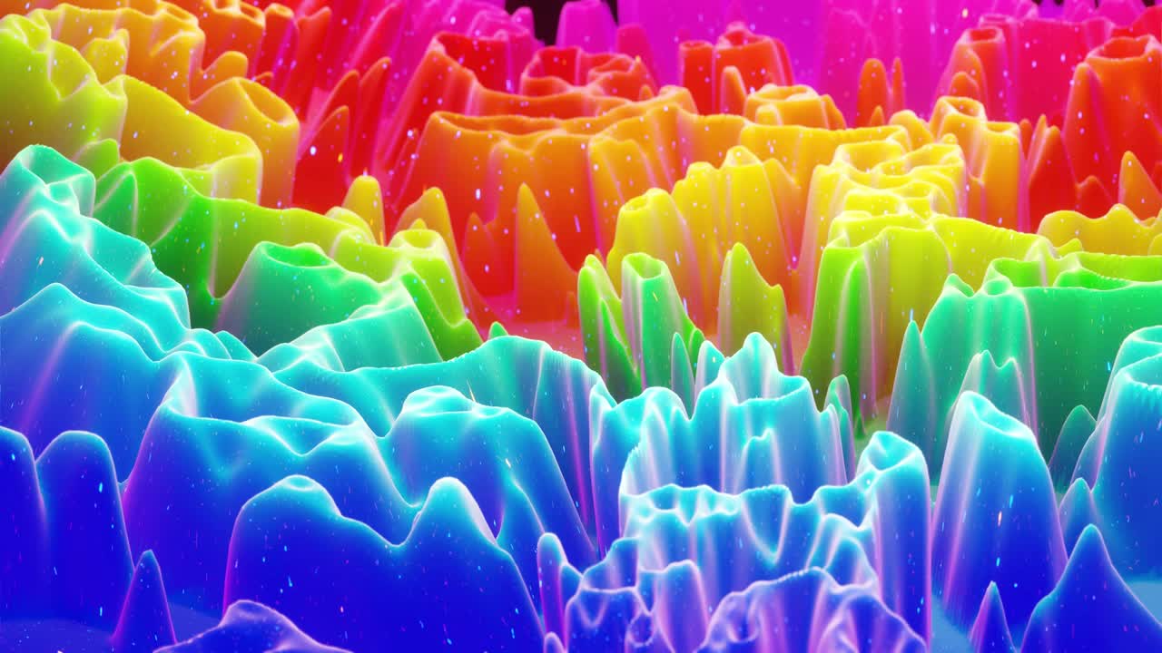 hermosa superficie abstracta 3d con extrusión o desplazamiento de ondas se transforman en bucle. gradiente arco iris. material mate suave como dulzura o mermelada con ligero brillo interno, brilla en la superficie de morphing.