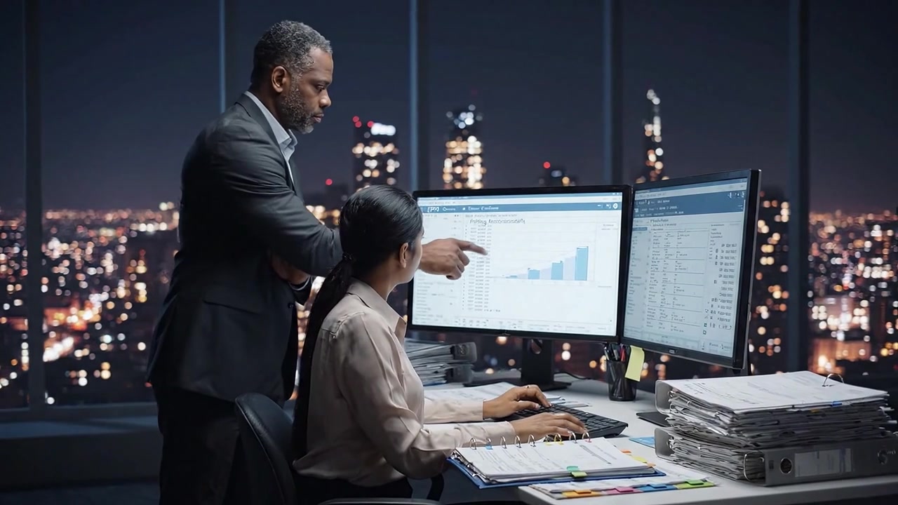 A Business Meeting at Night: A Focused Analyst Presents Data to an Executive in a Modern Office Overlooking a City Skyline Illuminated by Night Lights