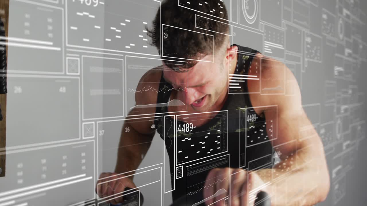 Man gripping handles and leaning forward, pedaling for fitness while animated HUD tracking power
